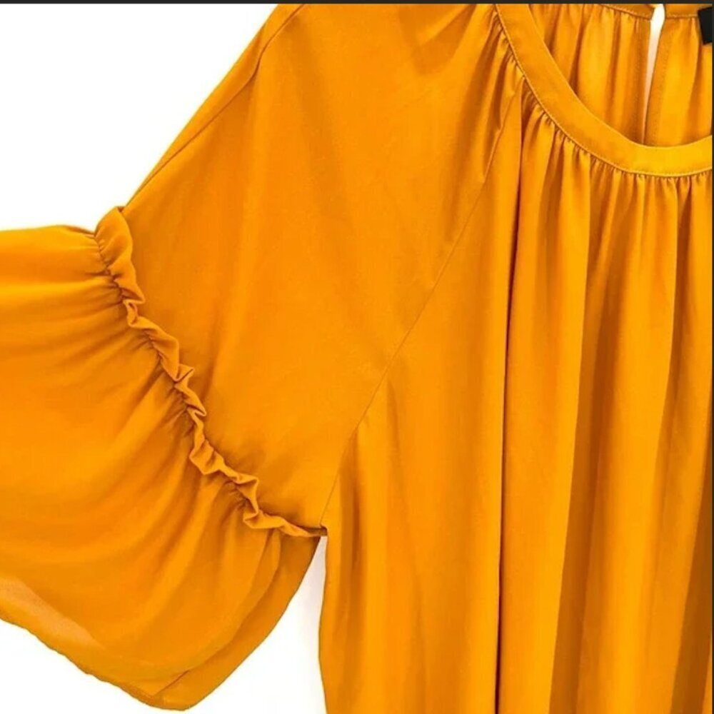 Eloquii Mustard Yellow Bell Sleeve Ruffle Blouse Plus Size 18 Crepe Top - Picture 6 of 7